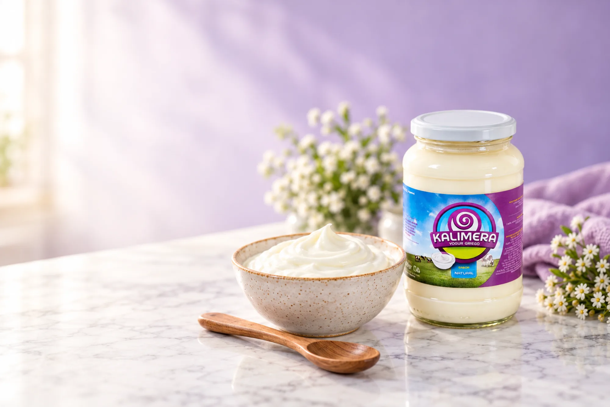 Yogur griego natural Kalimera en frasco de vidrio, con un bowl de yogur sobre mármol